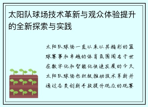 太阳队球场技术革新与观众体验提升的全新探索与实践